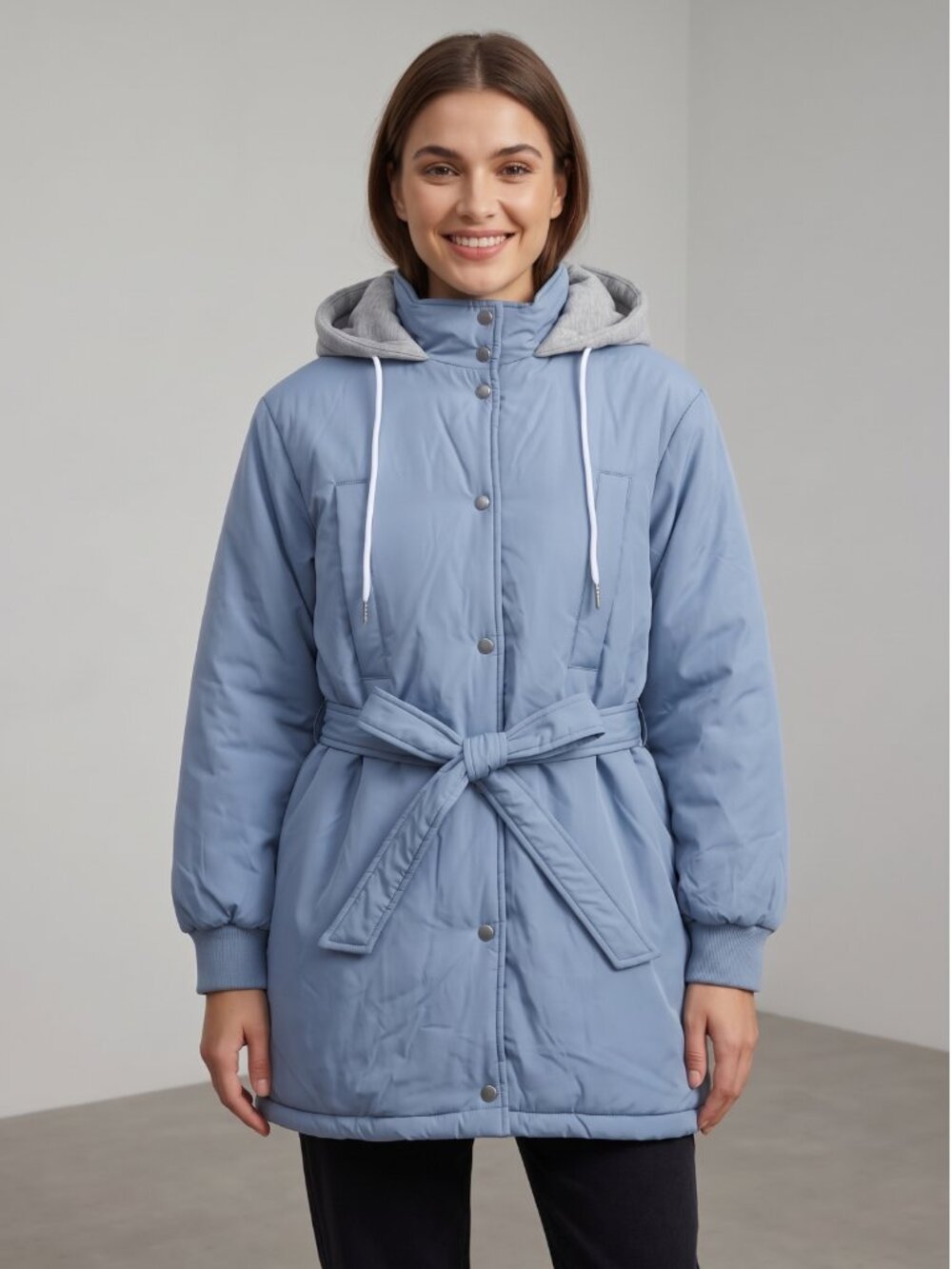 NWT Prettygarden Dusty Blue Hooded Snap Button Coat Jacket Large